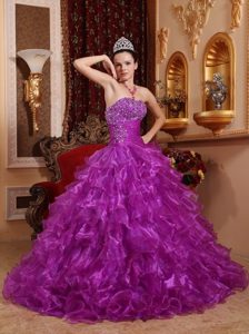 Beading Ruched Ruffles Purple Organza Sweet 16 Dress for Quince