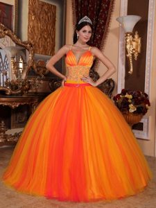 Spaghetti Straps Beading Orange Red Quinceanera Dress with V-neck
