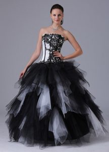 Layered Ruffles Black and White Embroidery Quinceanera Dresses
