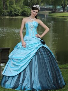 Aqua Blue Beading Sweet 16 Quinceanera Dress with Hand Flowers