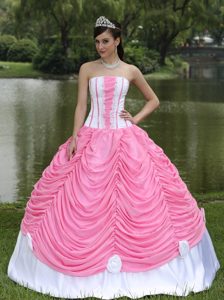 Hand Made Flowers Rose Pink and White Pick-ups Quinceanera Dress