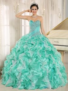 Apple Green and White Beaded Ruffles Sweet 16 Quinceanera Dress