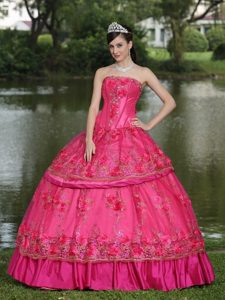Hot Pink Hand Made Flowers Quinceanera Dress with Appliques