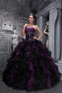 Ruffled Appliques Dark Purple and Black Quinceanera Dresses