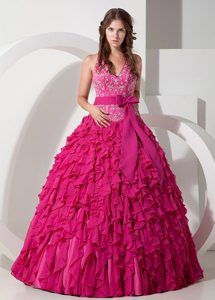 Halter Embroidery Ruffled Chiffon Hot Pink Quinceanera Gown with Sash