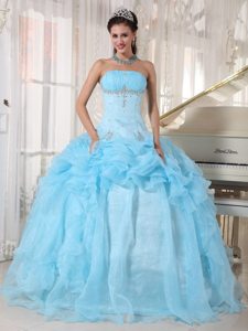 Baby Blue Ruffled Strapless Beading Organza Lace Up Back Sweet 15 Dresses