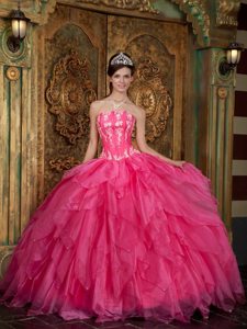 Layers Strapless Appliques Floor-length Hot Pink Organza Quinceanera Gown