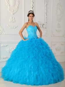 Blue Sweetheart Beading Floor-length Ruffled Lace Up Dress For Quinceanera