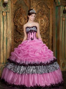 Zebra Fabric Strapless Picks-Up Appliques Rose Pink Quinceanera Dresses