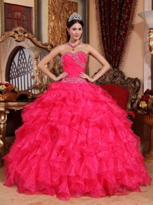 Ruffled Sweetheart Beading Floor-length Organza Coral Red Sweet 15 Dresses