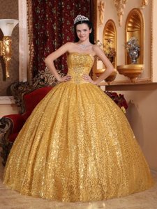 Sequin Beading Sweetheart Gold Lace Up Floor-length Quinceanera Gowns