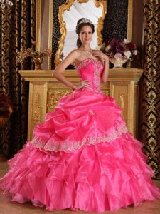 Strapless Appliques Ruffled Layers Hot Pink Organza Dresses For a Quinceanera