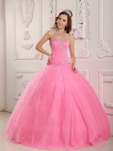 Sweetheart Beading Appliques Tulle Rose Pink Lace Up Back Quinceanera Gown