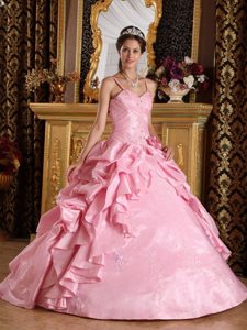 Straps Beading and Appliques Floor-length Pink Taffeta Quinceanera Gowns