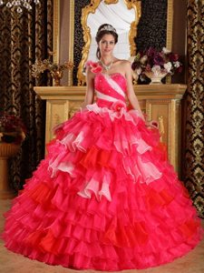One Shoulder Ruffles Beading Multi-color Organza Layers Quinceanera Dress