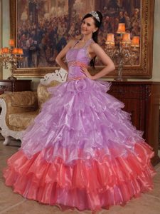 Halter Beading Ruffled Layers Multi-color Organza Dresses For Quinceaneras