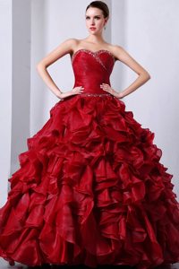 Sweetheart Beading and Ruffles Red Organza Ruched Quinceanera Gowns