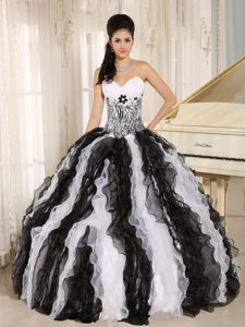 Appliques Ruffled Sweetheart White and Black Zebra Print Quinceanera Dress