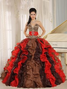 V-neck Beading Multi-color Quinceanera Dress with Ruffles and Leopard Print