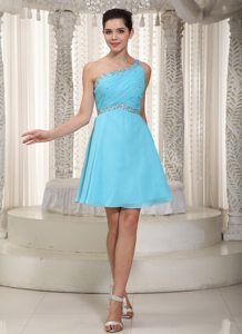 Aqua One Shoulder Chiffon Beading Prom Dress in Mini-length