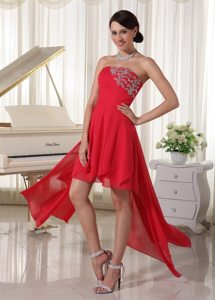 High-low Strapless Beading and Ruches Red Chiffon Prom Bridesmaid Dress