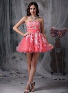 A-line Strapless Watermelon Organza Appliques Mini-length Prom Dress