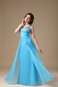Aqua Blue Column Straps Organza Prom Dress with Beading and Ruching