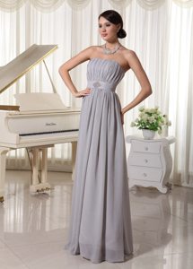 Simple Grey Empire Strapless Prom Dress With Ruching and Beading