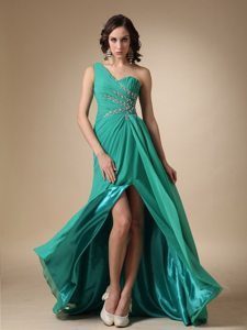 One Shoulder Turquoise Empire Beaded and Ruched High Slit Prom Dress