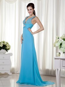 Column V-neck Chiffon Beading Baby Blue Prom Dress Brush Train