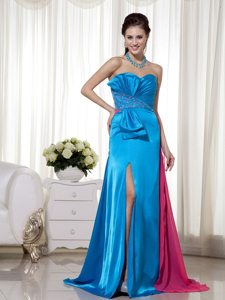Sky Blue and Pink Sweetheart Beading and Ruching High Slit Prom Dress