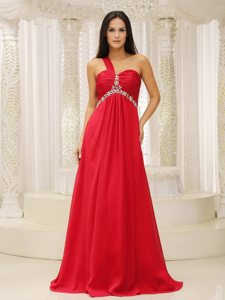 One Shoulder Red Chiffon Prom Dress with Ruching and Appliques