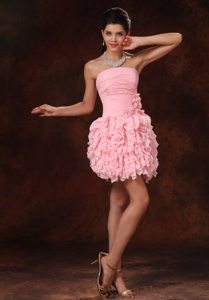 Strapless Baby Pink Ruffles and Hand Made Flowers 2013 Prom Gowns