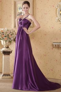 Empire One Shoulder Brush Train Eggplant Beaded and Ruched Prom Dress