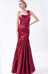 Mermaid One Shoulder Ruched Wine Red Long Dress For Prom Princess