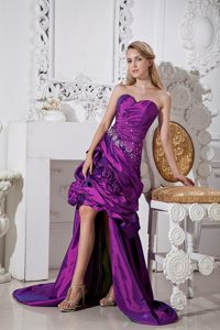 Purple Sweetheart Hand Made Flowers and Beading High-low Prom Dress