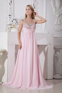 Straps Light Pink Chiffon Prom Dress with Gold and Silver Beading