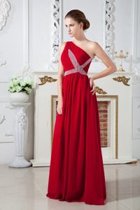 Beading Ruched One Shoulder Red Chiffon Prom Dress with Brush Train