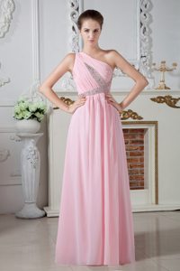 Chiffon One Shoulder Beading Ruched Baby Pink Long Prom Maxi Dresses