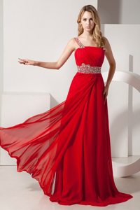 One Shoulder Beading Red Layers Chiffon Brush Train Prom Court Dresses