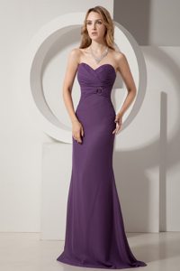 Sweetheart Dark Purple Column Brush Train Chiffon Ruched Prom Dress