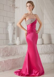 Wonderful Hot Pink Mermaid Strapless Brush Train Beading Prom Dress