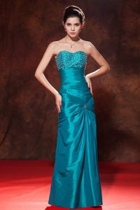 Teal Column Sweetheart Taffeta Prom Dress with Beading and Ruching