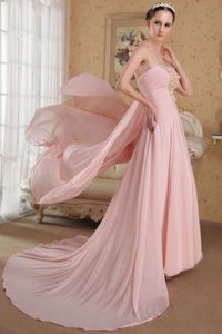 Baby Pink Strapless Brush Train Beading and Hand Flowers Prom Dress