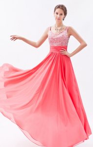 Straps Beading Coral Red Chiffon Floor-length Prom Celebrity Dresses