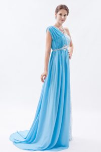 Baby Blue One Shoulder Prom Dress with Lace and Beading Brush Train