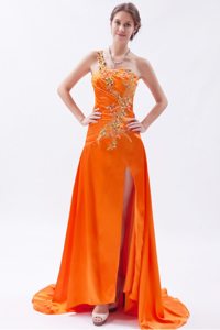 Orange One Shoulder Brush Train Embroidery and Beading Prom Dress