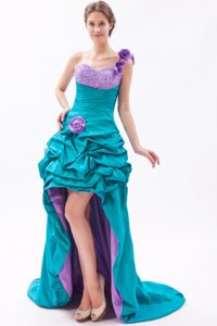 Teal and Lavender A-line One Shoulder Beaded Prom Dress High-low