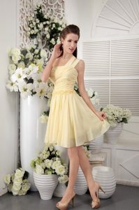 Ruched Asymmetrical Neck Short Chiffon Light Yellow Dress For Junior Prom