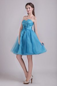 A-line Sweetheart Mini-length Beading and Bow Teal Prom Dress